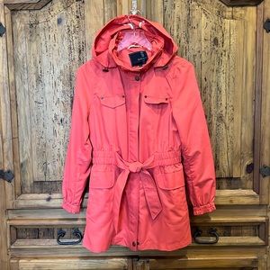 Buffalo David Bitton Orange Raincoat Jacket Zipper Snaps Pockets Cinched Waist M